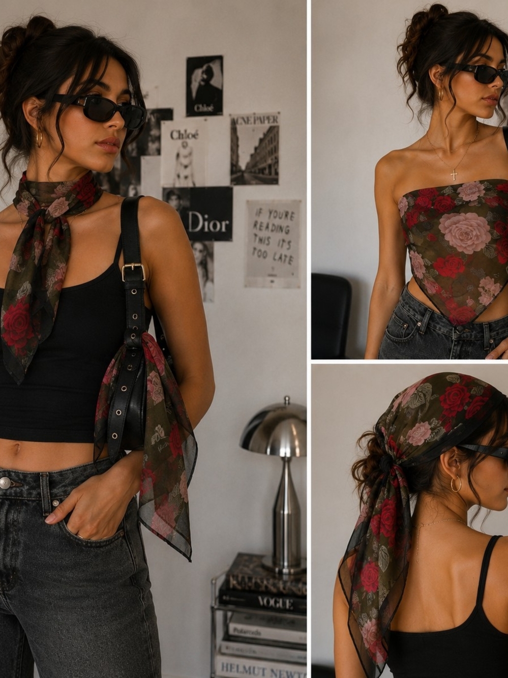 Floral Sheer Scarf Top & Headscarf Set - Olive with Red Rose Print